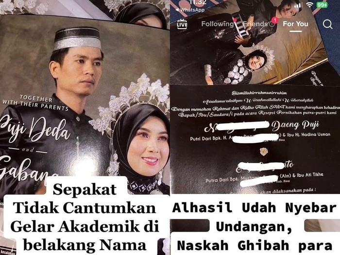 Pengantin tidak mencantumkan gelar akademik di kartu undangan malah kena ghibah tetangga, viral di media sosial.