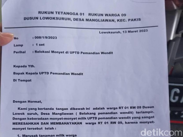 Surat yang dikirim warga ke pengelola wisat Wendit Malang