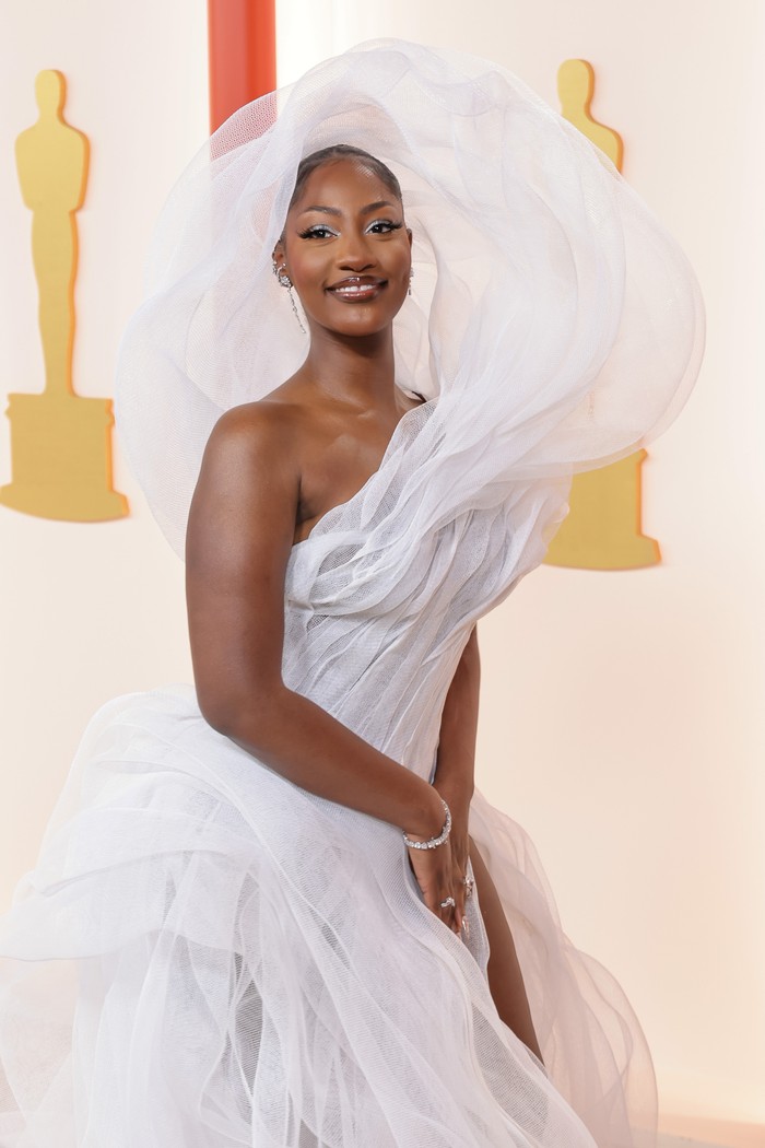 HOLLYWOOD, CALIFORNIA - MARCH 12: Tems attends the 95th Annual Academy Awards on March 12, 2023 in Hollywood, California. (Photo by Kayla Oaddams/WireImage )