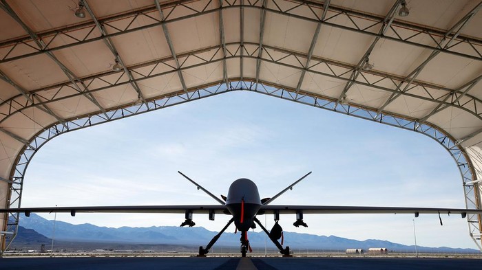 INDIAN SPRINGS, NV - NOVEMBER 17:  (EDITORS NOTE: Image has been reviewed by the U.S. Military prior to transmission.) An MQ-9 Reaper remotely piloted aircraft (RPA) flies by during a training mission at Creech Air Force Base on November 17, 2015 in Indian Springs, Nevada. The Pentagon has plans to expand combat air patrols flights by remotely piloted aircraft by as much as 50 percent over the next few years to meet an increased need for surveillance, reconnaissance and lethal airstrikes in more areas around the world.  (Photo by Isaac Brekken/Getty Images)