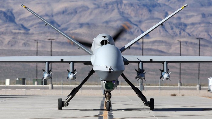 INDIAN SPRINGS, NV - NOVEMBER 17:  (EDITORS NOTE: Image has been reviewed by the U.S. Military prior to transmission.) An MQ-9 Reaper remotely piloted aircraft (RPA) flies by during a training mission at Creech Air Force Base on November 17, 2015 in Indian Springs, Nevada. The Pentagon has plans to expand combat air patrols flights by remotely piloted aircraft by as much as 50 percent over the next few years to meet an increased need for surveillance, reconnaissance and lethal airstrikes in more areas around the world.  (Photo by Isaac Brekken/Getty Images)