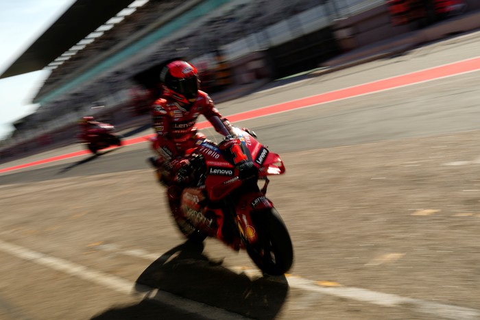 Francesco Pecco Bagnaia (1) of Italy and Ducati Lenovo Team during the Portimao MotoGP Official Test at Portimao Circuit on March 12, 2023 in Portimao, Portugal. (Photo by Jose Breton/Pics Action/NurPhoto via Getty Images)