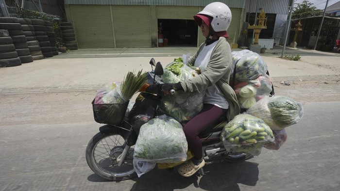 A man on a motor cart carries pieces of rubber is expected to make sofa outside Phnom Penh Cambodia, Thursday, March 16, 2023. (AP Photo/Heng Sinith)
