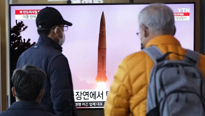 A TV screen shows a file image of North Koreas missile launch during a news program at the Seoul Railway Station in Seoul, South Korea, Thursday, March 16, 2023. North Korea test-launched an intercontinental ballistic missile in a display of military might Thursday just hours before the leaders of South Korea and Japan were to meet at a Tokyo summit expected to be overshadowed by North Korean nuclear threats. (AP Photo/Ahn Young-joon)