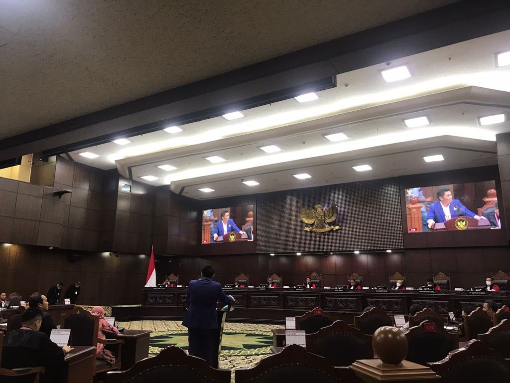 Wasekjen Partai Demokrat (PD) Jansen Sitindaon hadir sebagai pihak terkait dalam sidang gugatan UU Pemilu di Mahkamah Konstitusi (MK).