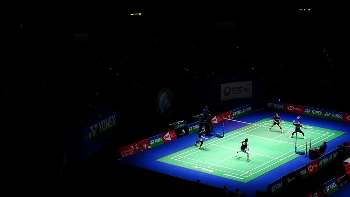 Denmarks Jeppe Bay and Lasse Molhede in action against Indonesias Leo Rolly Carnando and Daniel Marthin during day three of the YONEX All England Open Badminton Championships at the Utilita Arena Birmingham. Picture date: Thursday March 16, 2023. (Photo by Zac Goodwin/PA Images via Getty Images)