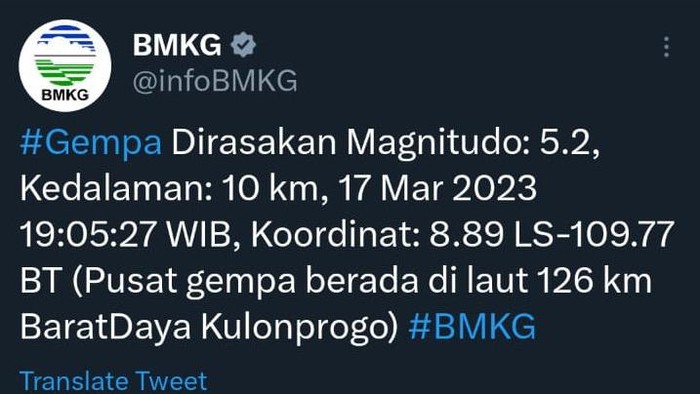 Gempa M 5,2 guncang Kulon Progo, DIY, Jumat (17/3/2023).