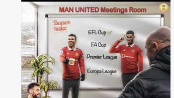 Setelah buka puasa gelar dengan santapan Piala Liga Inggris, meme tiap meeting MU incar trofi lainnya. Foto: Twitter