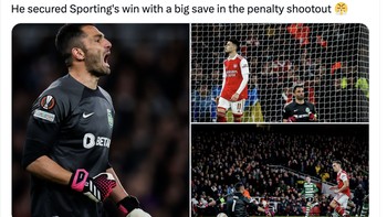 Kiper Sporting semalam melakukan berbagai penyelamatan krusial untuk menahan Arsenal. Foto: Twitter