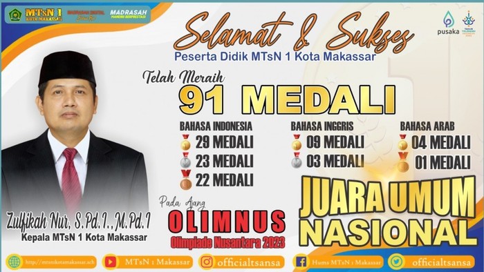 MTsN 1 Kota Makassar Juara Umum Olimpiade Nusantara 2023.