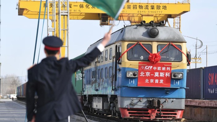 BEIJING, CHINA - MARCH 16: A China-Europe freight train loaded with 55 containers of goods sets out from Mafang railway station on March 16, 2023 in Beijing, China. The freight train left Beijing today bound for Moscow, marking the launch of the first direct China-Europe freight train service from Beijing. (Photo by Wei Tong/Beijing Youth Daily/VCG via Getty Images)