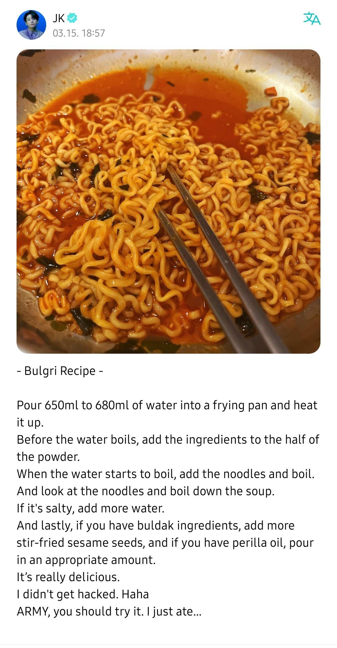 Resep mie instan ala Jungkook BTS