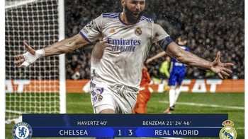 Ini skor terakhir saat Real Madrid bersua Chelsea. Andai, Real Madrid dan Man City menang, maka tren El Real berhadapan dengan tim Liga Inggris akan terus berlanjut. Foto: Twitter