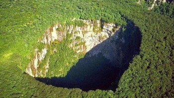 Sima Humboldt, juga dikenal sebagai Sima Mayor, adalah salah satu dolin terbesar di dunia, dengan kedalaman 314 meter. Itu ditemukan di Negara Bagian Bolivar, Venezuela. Sima Humboldt memiliki formasi yang unik, karena berada di atas dataran tinggi Sarisarinama Tepui, dengan petak hutan di dasarnya. Harry Gibson, seorang pilot, adalah orang pertama yang menemukan lubang ini dan menamainya Alexander Von Humboldt, seorang penjelajah. Ekspedisi pertama ke Sima Humboldt terjadi pada tahun 1974, dan lebih banyak lagi menyusul di tahun-tahun berikutnya. Foto: Adrian Warren Ardea/Caters News