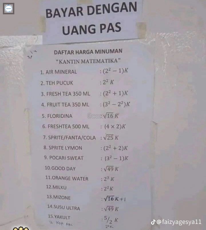 Bikin Pusing! Beli Minuman di Kantin Ini Daftar Harganya Pakai Rumus Matematika