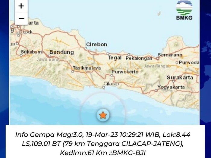 Gempa M 3 guncang perairan Cilacap, Minggu (19/3/2023).