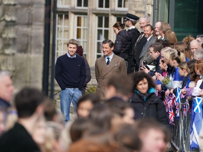 Ed McVey, playing the part of Prince William and Dominic West playing the part of Prince of Wales as they film scenes for the next season of The Crown in St Andrews, Scotland. Picture date: Wednesday March 15, 2023. (Photo by Andrew Milligan/PA Images via Getty Images)