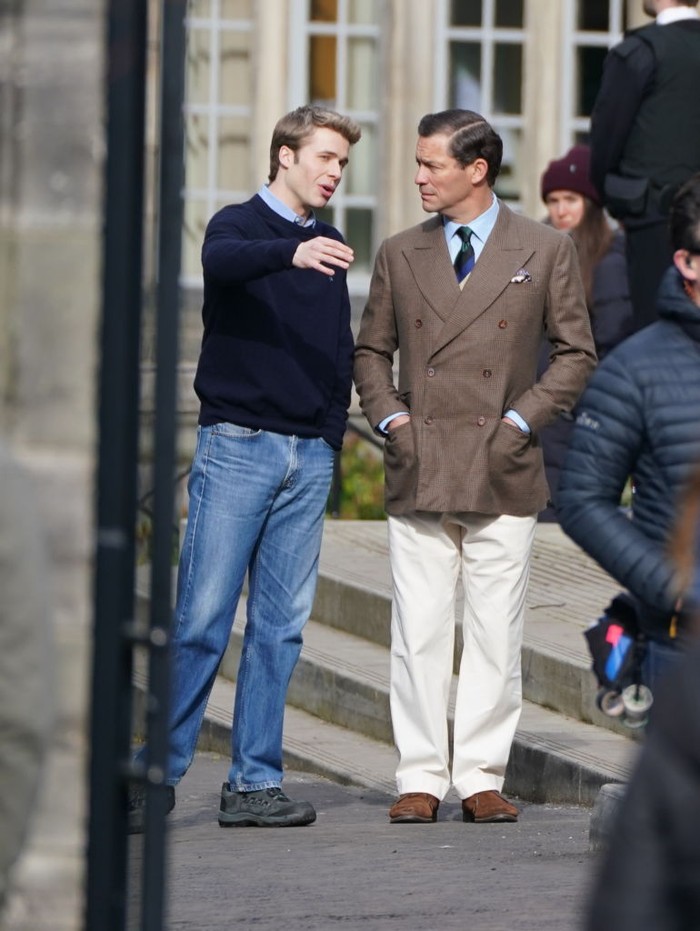 Ed McVey, playing the part of Prince William and Dominic West playing the part of Prince of Wales as they film scenes for the next season of The Crown in St Andrews, Scotland. Picture date: Wednesday March 15, 2023. (Photo by Andrew Milligan/PA Images via Getty Images)