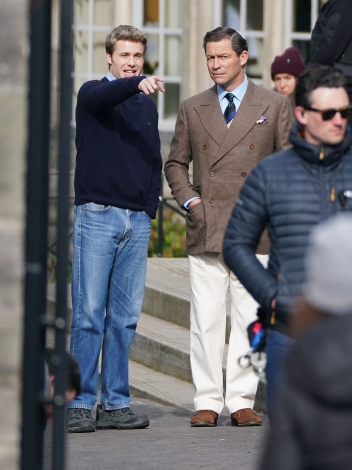 Ed McVey, playing the part of Prince William and Dominic West playing the part of Prince of Wales as they film scenes for the next season of The Crown in St Andrews, Scotland. Picture date: Wednesday March 15, 2023. (Photo by Andrew Milligan/PA Images via Getty Images)