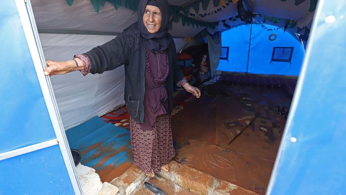 Tents are seen submerged at a camp for internally displaced persons (IDP) in the rebel-held northwestern province of Idlib on March 19, 2023. (Photo by Abdulaziz KETAZ / AFP) (Photo by ABDULAZIZ KETAZ/AFP via Getty Images)