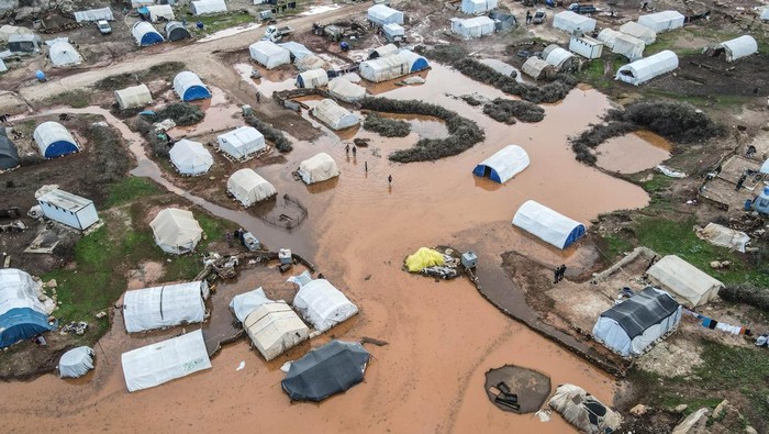 Tents are seen submerged at a camp for internally displaced persons (IDP) in the rebel-held northwestern province of Idlib on March 19, 2023. (Photo by Abdulaziz KETAZ / AFP) (Photo by ABDULAZIZ KETAZ/AFP via Getty Images)
