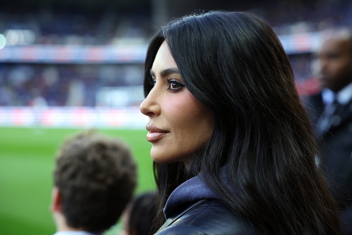 PARIS, FRANCE - MARCH 19: Kim Kardashian attends the Ligue 1 match between Paris Saint-Germain and Stade Rennes at Parc des Princes on March 19, 2023 in Paris, France. (Photo by Aurelien Meunier - PSG/PSG via Getty Images)