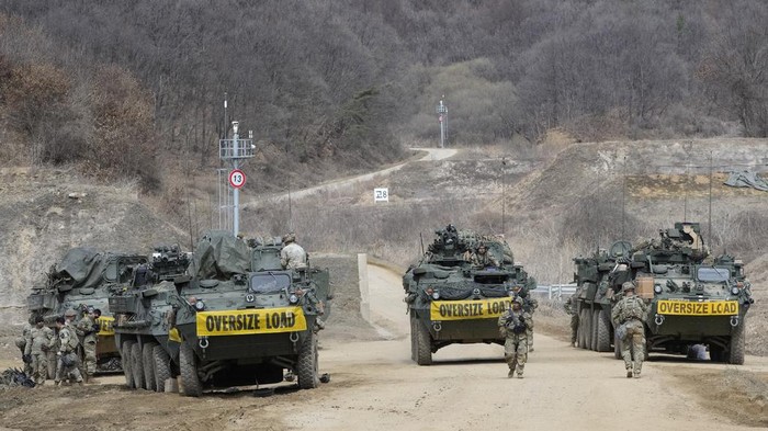 U.S. Armys armored vehicles move at a training field in Paju, South Korea, near the border with North Korea, Friday, March 17, 2023. North Korea said Friday it fired an intercontinental ballistic missile to 