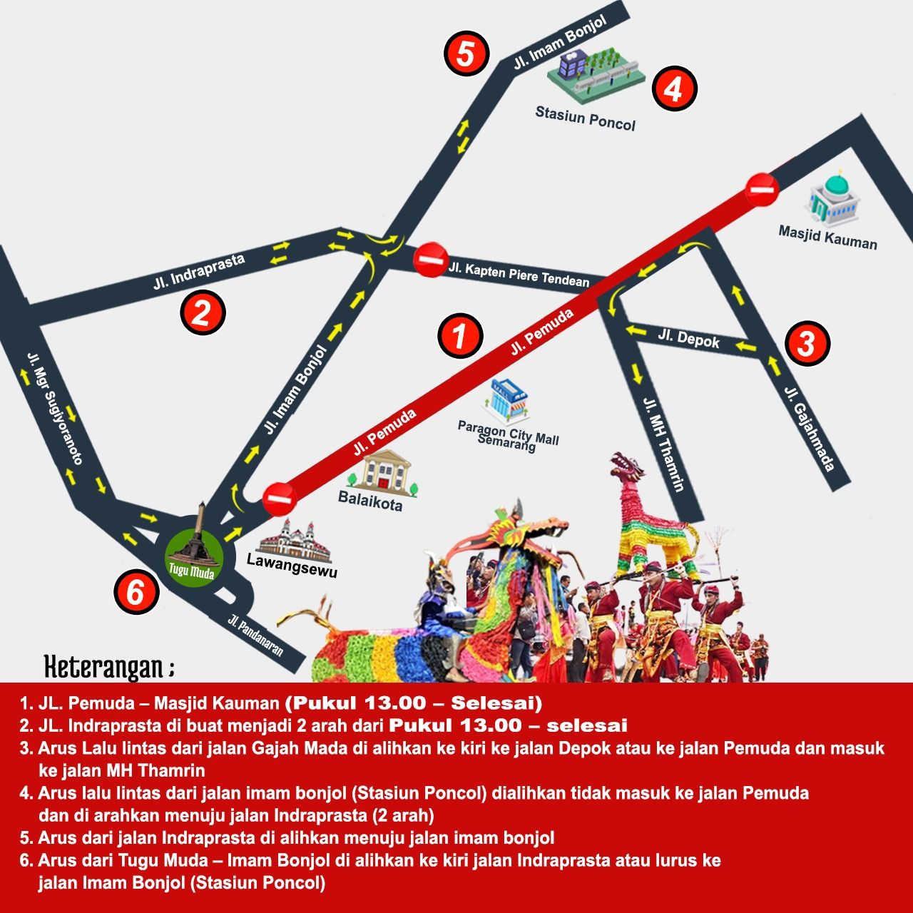 Pengalihan arus lalu lintas di Jalan Pemuda selama pawai Dugderan, Kota Semarang, Maret 2023.