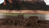 Di waduk Sau, 100 km (62 mil) utara Barcelona, yang hanya terisi 10%, perahu menangkap berton-ton ikan yang akan berjuang bertahan hidup di air rendah oksigen untuk melindungi air minum.  