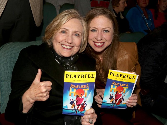 NEW YORK, NEW YORK - MARCH 14: (EXCLUSIVE COVERAGE) Hillary Clinton and Chelsea Clinton pose at the hit musical Some Like it Hot on Broadway at The Shubert Theater on March 14, 2023 in New York City. (Photo by Bruce Glikas/WireImage)