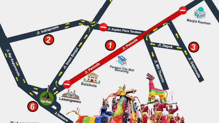 Rekayasa lalu lintas saat kirab Dugderan di Kota Semarang siang ini.