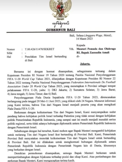 Gubernur Bali Wayan Koster disebut menyurati Menpora menolak kedatangan Tim Kesebelasan Israel bertanding di Pulau Dewata.