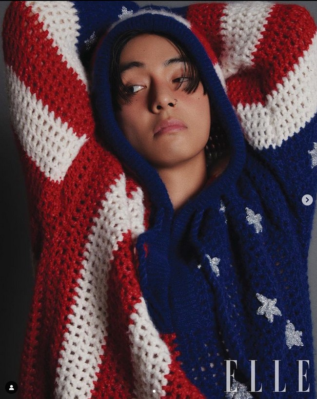 Dalam salah satu foto, V BTS terlihat memesona dengan piercing di bagian hidung. Foto: dok. ELLE Korea