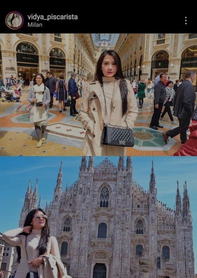 Dalam foto lainnya yang viral, Vidya tampak berpose di Milan dengan membawa tas klasik Chanel jenis Chanel Boy. Tas yang dirilis pada 2011 ini termasuk salah satu tas ikonik Chanel dengan harga jual preloved yang terus melonjak. Foto: Dok. Instagram, Antara Foto
