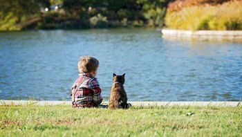 Lucu banget sih, kucingnya nemenin si kecil di pinggir sungai gitu. Foto: (Bored Panda).