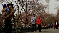 Orang-orang berjalan di tengah badai pasir di sebuah taman di Beijing, China 22 Maret 2023.