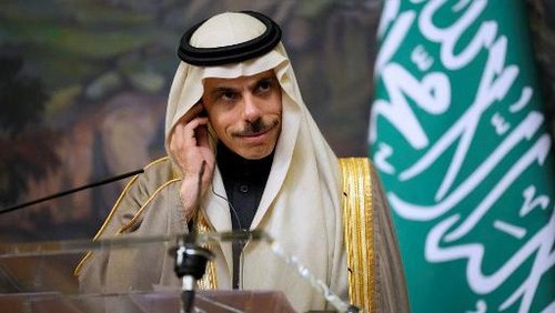 Saudi Arabias Foreign Minister Prince Faisal bin Farhan al-Saud attends a joint press conference with his Russian counterpart following their talks in Moscow on March 9, 2023. (Photo by Alexander Zemlianichenko / POOL / AFP)