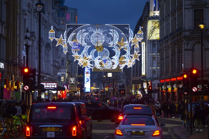 LONDON, UNITED KINGDOM - MARCH 22: For the first time ever, Londons famous Coventry Street is decorated with Ramadan ornaments, marking the start of the muslims holy month in United Kingdom, on March 22, 2023. Located near the Leicester Square, Conventry Street is a major tourist attraction in the city. (Photo by Rasid Necati Aslim/Anadolu Agency via Getty Images)