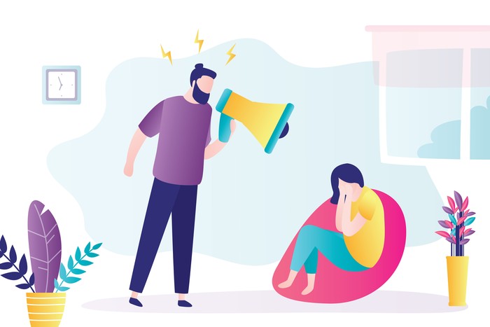 Quarrel in family. Dispute man and woman. Husband screams at his wife, woman cries. Toxic relationships between people, abuse concept. People characters in trendy style. Flat vector illustration