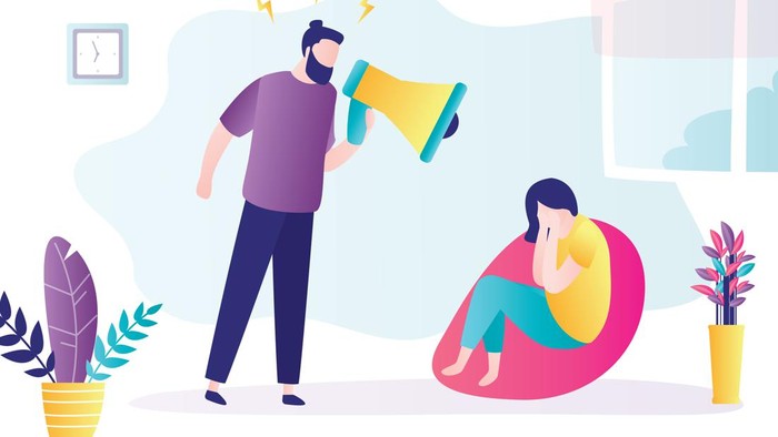 Quarrel in family. Dispute man and woman. Husband screams at his wife, woman cries. Toxic relationships between people, abuse concept. People characters in trendy style. Flat vector illustration