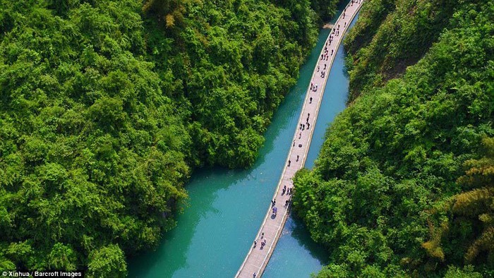 Ini adalah jalan terapung yang ada di China. Pemandangan sekelilingnya tampak sangat memanjakan mata. Begini penampakannya.