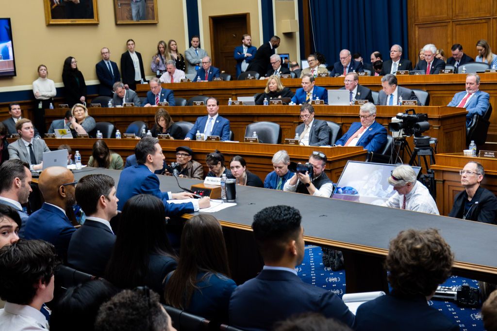 WASHINGTON DC, UNITED STATES - MARCH 23:  TikTok CEO Shou Zi Chew attentively listening to questions from U.S. representatives during his testimony at the congressional hearing in Washington, DC on March 23rd, 2023. (Photo by Nathan Posner/Anadolu Agency via Getty Images)