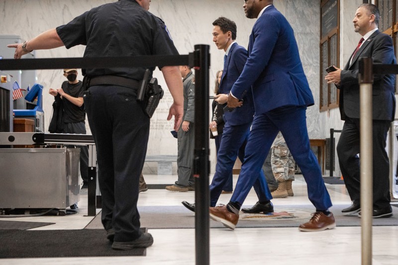 Shou Chew, chief executive officer of TikTok Inc., speaks to members of the media before a House Energy and Commerce Committee hearing in Washington, DC, US, on Thursday, March 23, 2023. The TikTok chief executive officer plans to tell Congress his app does more to protect young users than rival social media and that Beijing has no authority over its data, invoking familiar arguments to head off a US ban or forced sale. Photographer: Al Drago/Bloomberg via Getty Images