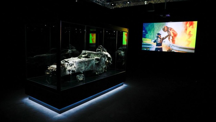 The burned-out wreckage of Romain Grosjean's car from the 2020 fireball crash in Bahrain is seen on display for the first time as part of a Formula One exhibition in Madrid, Spain, March 23, 2023. REUTERS/Juan Medina