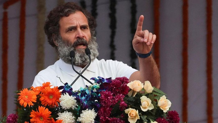 Rahul Gandhi, a leader of Indias main opposition Congress party, addresses the crowd at a public rally held during the ongoing Bharat Jodo Yatra (Unite India March), in Panipat, India, January 6, 2023. REUTERS/Anushree Fadnavis/File Photo