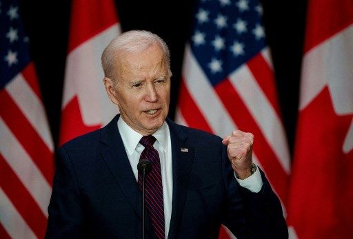 US President Joe Biden holds a joint press conference with Canada's Prime Minister Justin Trudeau, not pictured, at the Sir John A. Macdonald Building in Ottawa, Canada, on March 24, 2023. (Photo by ANDREJ IVANOV / AFP)