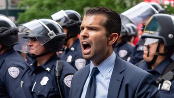 Tampak Donald Trump Jr tak terima ayahnya ditangkap. Sekali lagi, ini hanya foto rekayasa kecerdasan buatan. Foto: Twitter @EliotHiggins