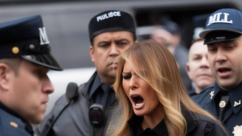 Di foto lain, dia digambarkan melarikan diri dari polisi dan lari saat Melania Trump dan Donald Trump Jr. berteriak sebagai protes atas penangkapannya. Foto: Twitter @EliotHiggins