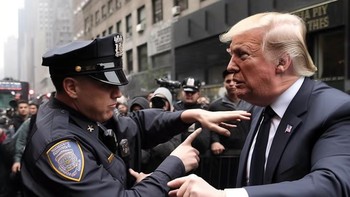 Twitter dibanjiri dengan foto-foto viral mantan Presiden Amerika Serikat, Donald Trump, yang menolak ditangkap dan mencoba melarikan diri dari polisi menjelang potensi ia didakwa di New York minggu ini. Dapat dipastikan bahwa foto itu hanyalah buatan kecerdasan buatan. Foto: Twitter @EliotHiggins