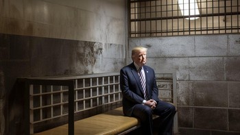 Jika netizen teliti dan melihat lebih dekat pada foto itu, akan terlihat detail yang meragukan. Warna kulit Trump misalnya, tampak tidak wajar dan wajahnya yang buram merupakan indikasi kuat bahwa gambar tersebut palsu. Foto: Twitter @EliotHiggins